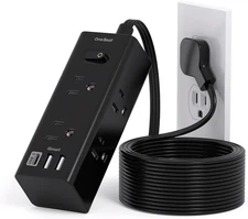 10Ft Extension Cord with Multiple Outlets, Flat Plug Power Strip 10FT, Black 
