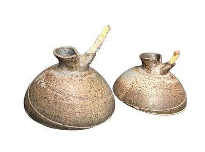 Lot Of 2 VTG Studio Handmade Stoneware Art Pottery Oil Lamps Oval Signed Rustic