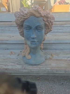 Large Cast Stone Goddess Head Planter - Aged Blue Verdigris Finish -...