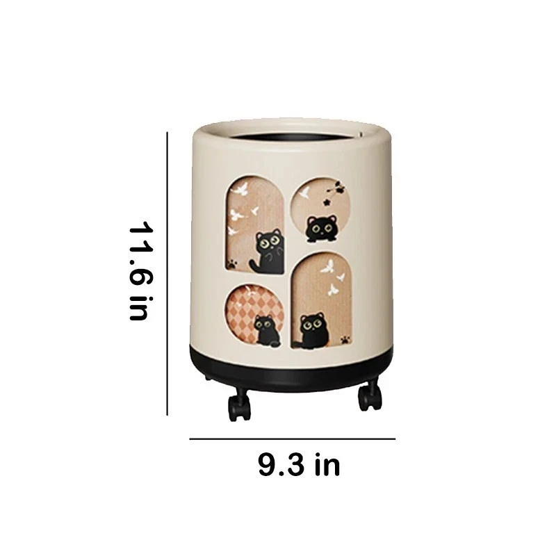 12L Small Garbage Can, Bathroom Plastic Cute Cat Trash Bin w/ Swing Lid & Wheel - Image 2 of 4
