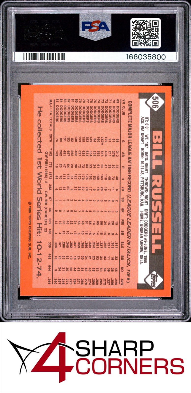 1986 TOPPS TIFFANY #506 BILL RUSSELL DODGERS PSA 10 view 2