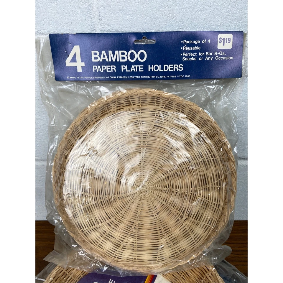 12 Bamboo Paper Plate Holders Wicker Rattan Reusable Barbecue Picnic Party NOS - Image 3 of 4