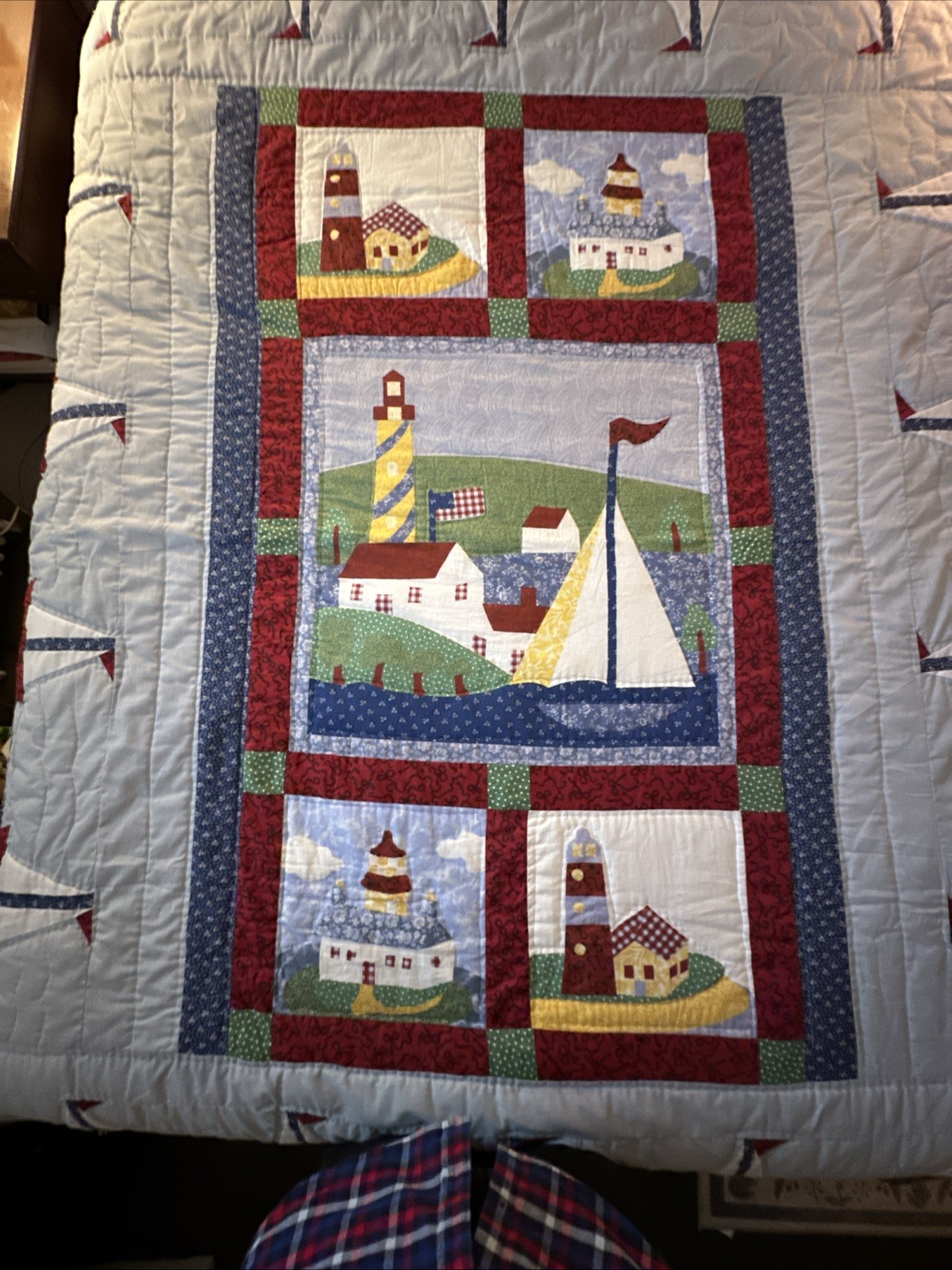 Vintage Feed Sack Hand Stitched Beautiful Light House Sailboat Quilt 87x83