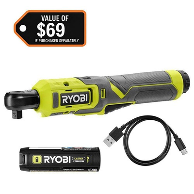 #ad #ad RYOBI USB Lithium 3 8 in. Ratchet Kit with 2.0 Ah Battery and USB Charging Cable $54.95