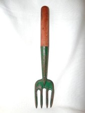 Vintage Primitive 15" Green Painted 4-Tine Metal GARDEN FORK, Wood Handle