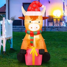 5ft Christmas Inflatables Outdoor Decoration Blow up Highland Cow Wearing San...