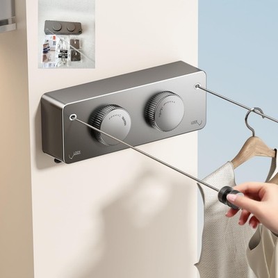Einziehbare Wäscheleine doppelt 4,2 m Wandhalterung Outdoor Wäscheschloss Stahl, grau