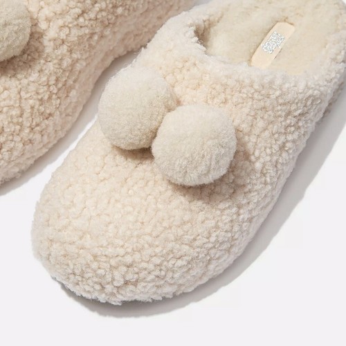 FitFlop Shuv Pom Pom zoccoli donna taglia 8 avorio riccio lana shearling muletto ciabatte - Foto 13 di 14