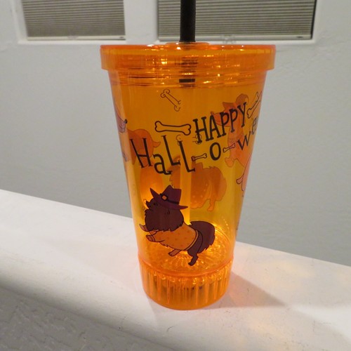 Halloween Dachshund Light Up Orange Tumbler Flashing Cup with Straw Friends NEW - Picture 2 of 5