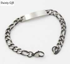 Men Women Titanium Stainless Steel 7 mm Engrave Bar Figaro Chain Bracelet 7.7"