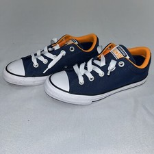 New Converse Navy Blue  Orange Slip On Sneakers Shoes Youth Boys 2