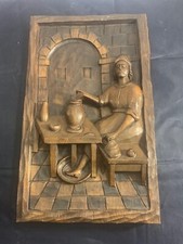 Wood HAND CARVED BAR SCENE PLAQUE GERMAN WOMAN 16" X 9"