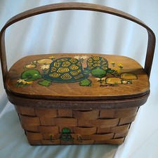 1970'S Signed CARO NAN Woven Wooden Basket Purse Hand Painted Turtles Vintage