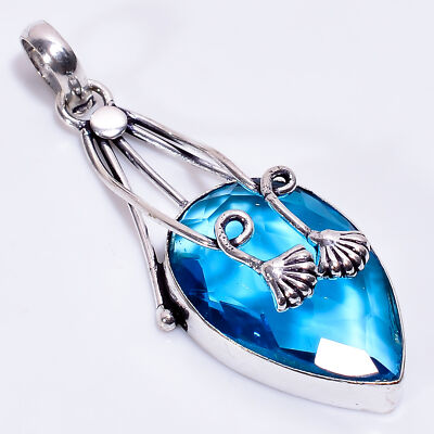 Swiss Blue Topaz Fashion Jewelry 925 Sterling Silver Pendant 2.4" ARP ...