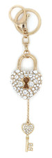 TB Lovely Heart Love Lock Keys Gold Tone Sparkle Rhinestones Women Keychains