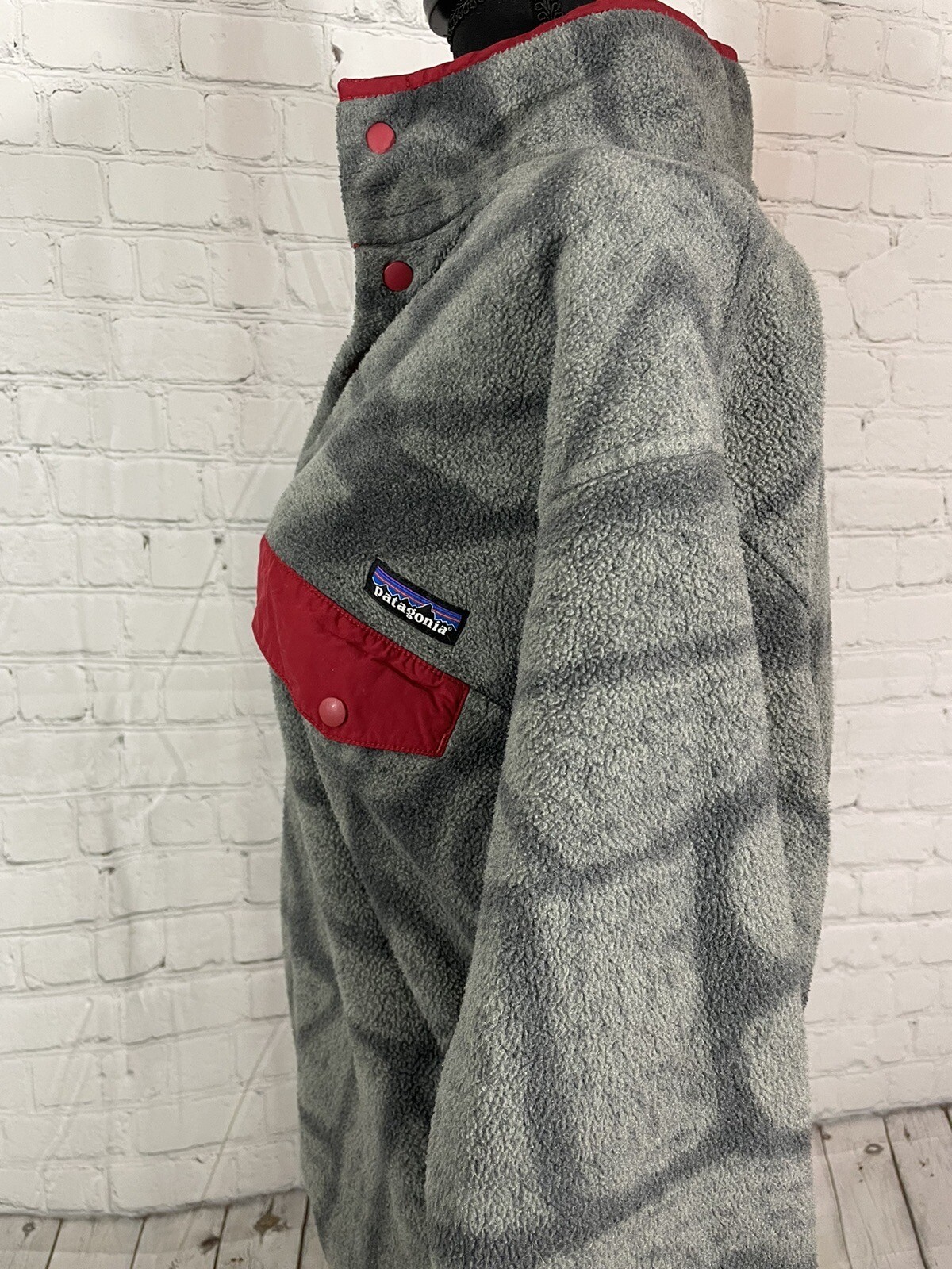 Mens Vintage 90s Patagonia Snap-T Synchilla Sz M Grey Red Pullover Fleece Jacket image 4