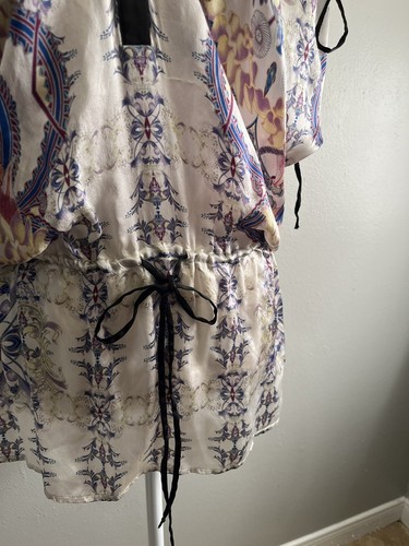 Zara Floral Silk Tunic Blouse Women Small Waist Drawstring Rushed Sleeves - Picture 3 of 13