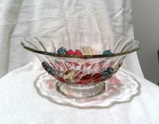 FOOTED CENTERPIECE BOWL WITH COLORED FRUITS MOTIF  APPROX. 10 1/2" DIAMETER