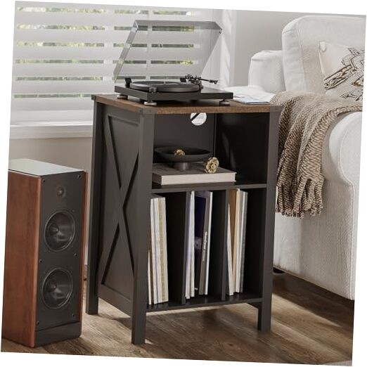 Vintage Record Player Stand with Vinyl Storage and USB Charging for Turntables-image