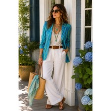 Vintage Sandra Silk Artwear Blazer Sz 10 Aqua Blue Watercolor Jacket Boho