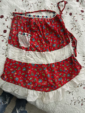Vintage Floral Cotton Waist Apron One Size w/ Pocket White Ruffle Trim