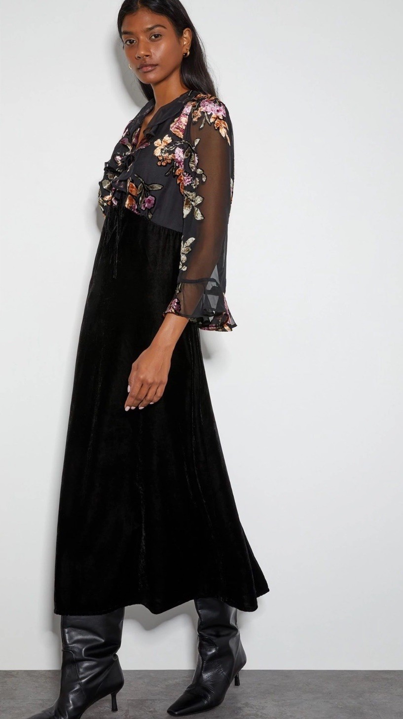 Vestido Monzón Ariella Devore Terciopelo Manga Transparente. Negro.Talla 16. Nuevo con etiquetas. PVP £99