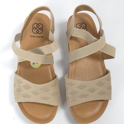 Daisy Fuentes Beige Knit Elastic Strap Wedge Cork Sandals Women 9 Wide Neutral