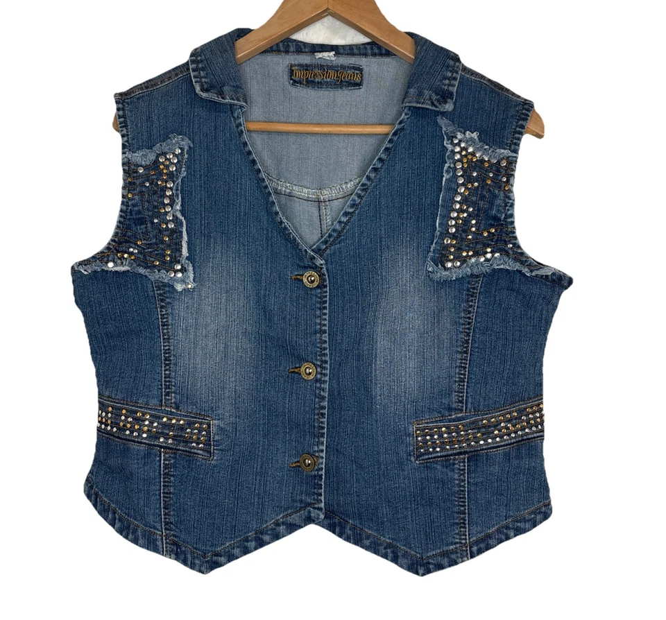 Винтажный состаренный вестерн с заклепками ослепительный джинсовой ткани‎ воротник жилет XXL панк 90-х гранж - Изображение 2 из 4