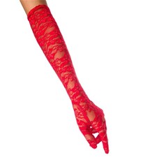 Seeksmile Women's 19" Elbow Length Sheer Lace Print Floral Gloves Medium, Red