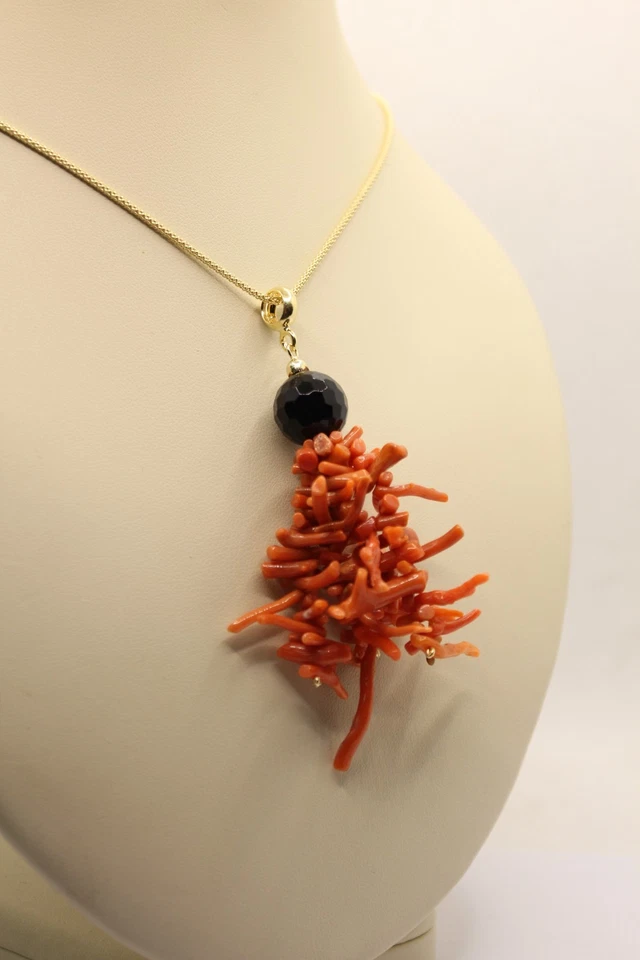 CIONDOLO RAMI CORALLO ROSSO NATURALE ONICE NERA SFACCETTATA COLLANA ARGENTO - Immagine 2 di 4