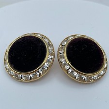 Vintage 80s Gold Tone Clear Rhinestone Black Velvet Earrings Women's Jewelry Y2K