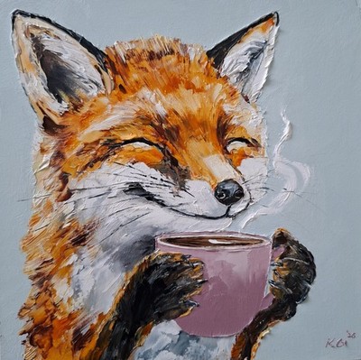 Ölgemälde von Fuchs genießt eine Tasse Kaffee, Tierwelt Originalgemälde, 6x6''
