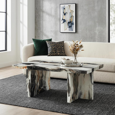 Mchome Modern Off-White Faux Marble Coffee Table for Stylish Living Rooms