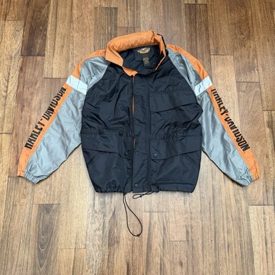 Harley Davidson Mens Large Rain Jacket Reflective Light Weight Hood Black Orange