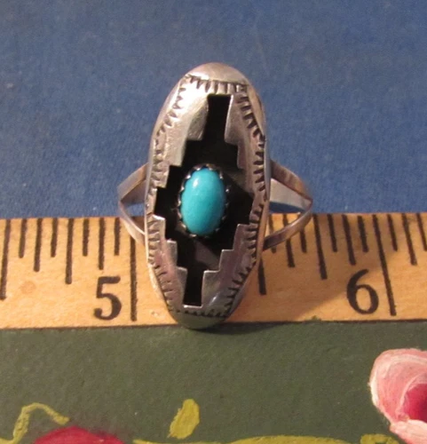 VINTAGE SOUTHWEST NAVAJO SHADOW BOX STERLING SILVER & TURQUOISE RING SIZE 8 1/2