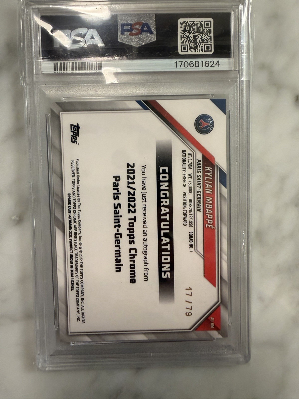 Kylian Mbappe Topps Chrome ON CARD Auto PSG team Set 2021-22 PSA 8 /79 view 3
