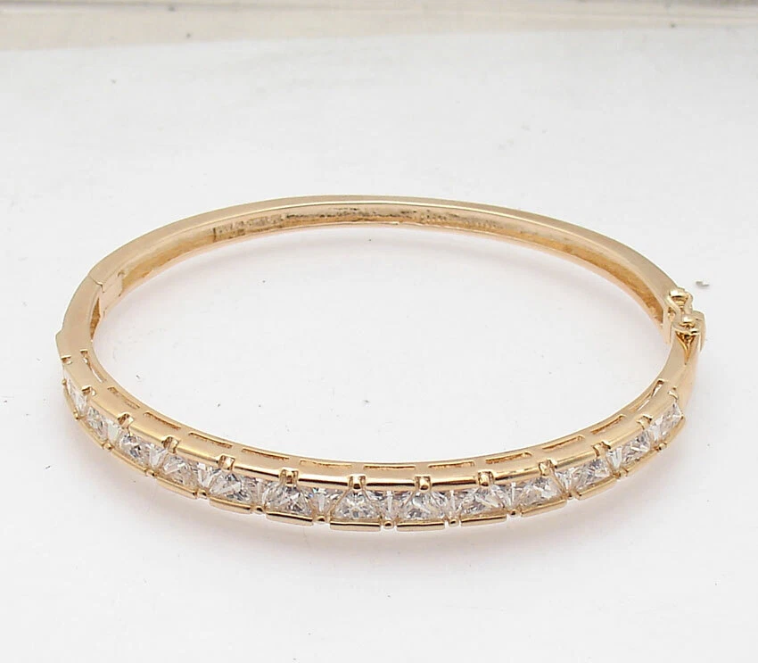 Trillion Cut CZ Stones Hinged Bangle Bracelet 14K Yellow Gold Plated 925 Silver  - Image 3 of 4