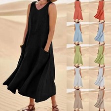 Women's Summer Maxi Dress Casual V-Neck Sleeveless Linen Sundresses with Pockets