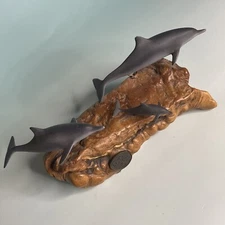 John Perry Art Sculpture 3 Dolphins on Wood w/ Medallion Nautical Coastal