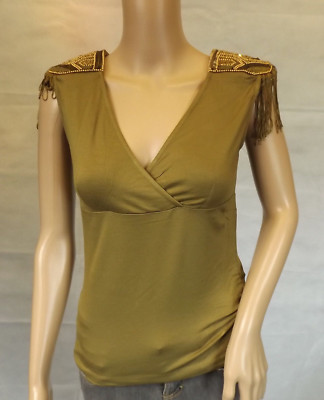   TOPSTUDIO 3Suisses  36 ~ Edle-Shirt  ~ Top ~ khaki ~ Schulterpatten ~ Perlen