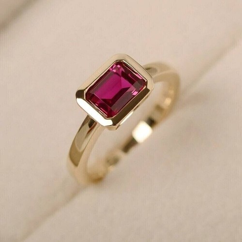 2Ct Emerald Cut Simulated Ruby Women's Engagement Ring 14k Yellow Gold Plated - Picture 4 of 7
