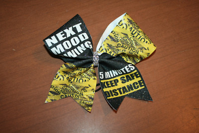 Caution Next Mood Swing 5 Minutes Yellow Black Glitter Stiff Cheer Bow
