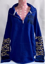 NWT VICTORIA'S SECRET PINK RARE BLUE CHEETAH HALF-ZIP PULLOVER SWEATER L E029