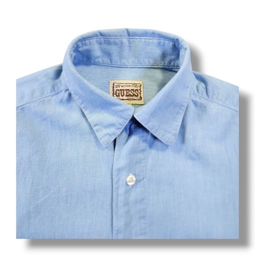 Vintage Guess Georges Marciano Western Short Sleeve Button Up Blue Shirt Men's L - Picture 6 of 11