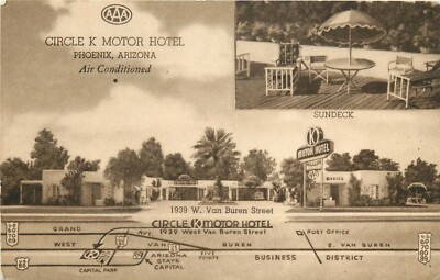 Split View Roadside Postcard Circle K Motor Hotel, Phoenix AZ w/ Highway Map 