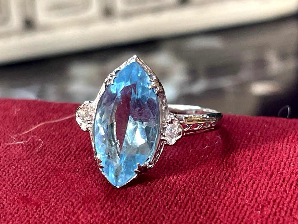 ANEL DE OURO BRANCO 14K TOPÁZIO AZUL NATURAL FILIGRANA ANTIGA VITORIANA ART DECO - Imagem 4 de 4