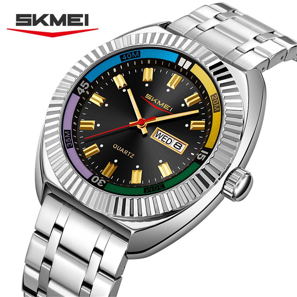 SKMEI 腕時計メンズクォーツステンレススチール SKMEI Men Quartz Watch Silver Steel Wristwatch Weekday
