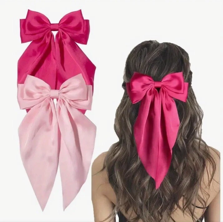 Hot Pink Satin Stylish Bow Big Ribbon Hair Clip Tie All Hair Types Non Slip - Image 2 of 4