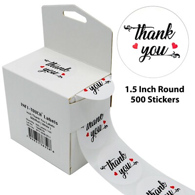 500 pcs Thank You 1.5'' Round WHITE Stickers With Dispenser Box, by Infi-Touch