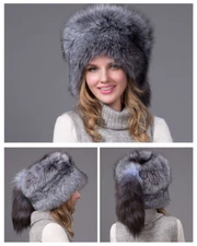 Genuine Silver Fox Shapka Winter Hats with Tail Warm Thick Fluffy Fur Cap Unisex